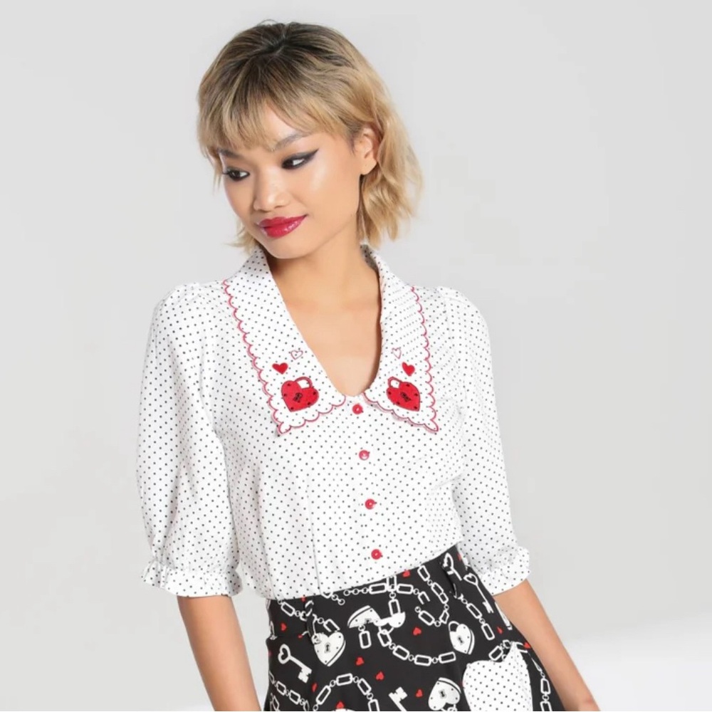 Hell Bunny White and Red Puff Sleeve Blouse - like new